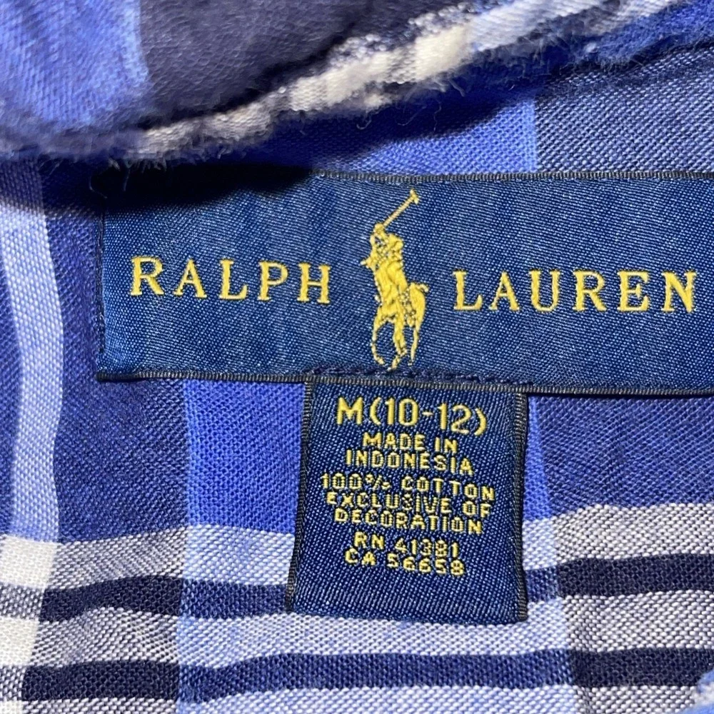 Boys Ralph Lauren Blue Plaid Button Down Shirt Long Sleeve 10-12 Preppy